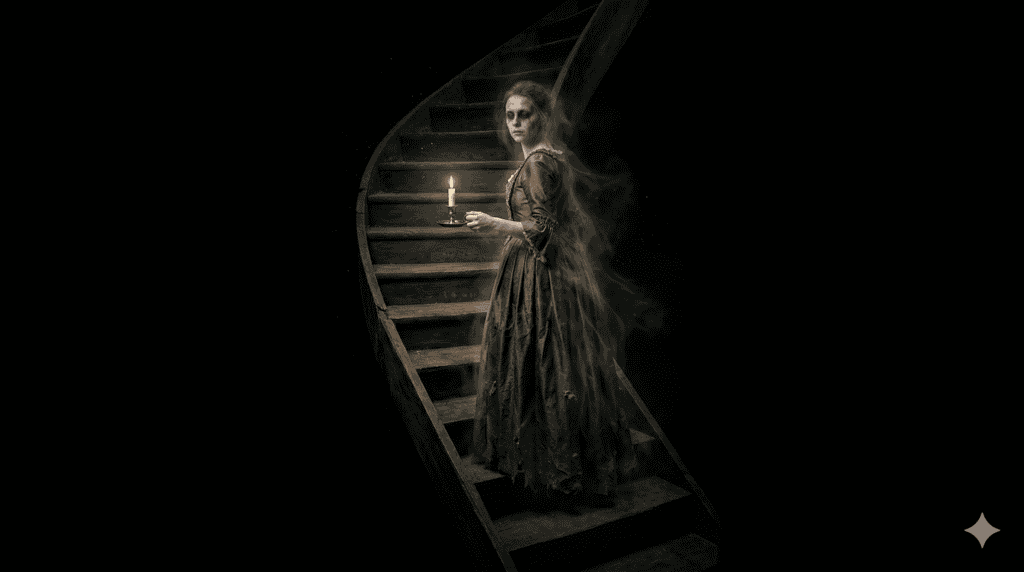 Brown Lady von Raynham Hall in einem zerschlissenen Kleid hält eine brennende Kerze in der Hand, während sie auf einer dunklen, spiralförmigen Treppe steht, die in einen schwachen Nebel vor einem schwarzen Hintergrund gehüllt ist. | alien-fakten.de