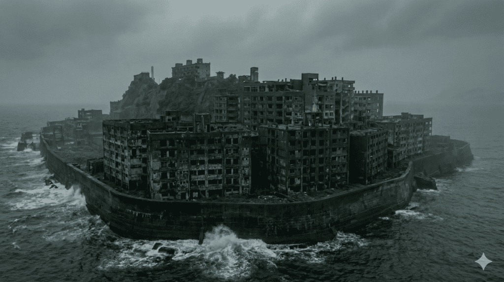 Eine verlassene, betonierte Geisterinsel Gunkanjima mit verfallenen Gebäuden erhebt sich aus den rauen Meereswellen unter einem wolkenverhangenen, grauen Himmel, der die gespenstische Einsamkeit von Hashima widerspiegelt. | alien-fakten.de
