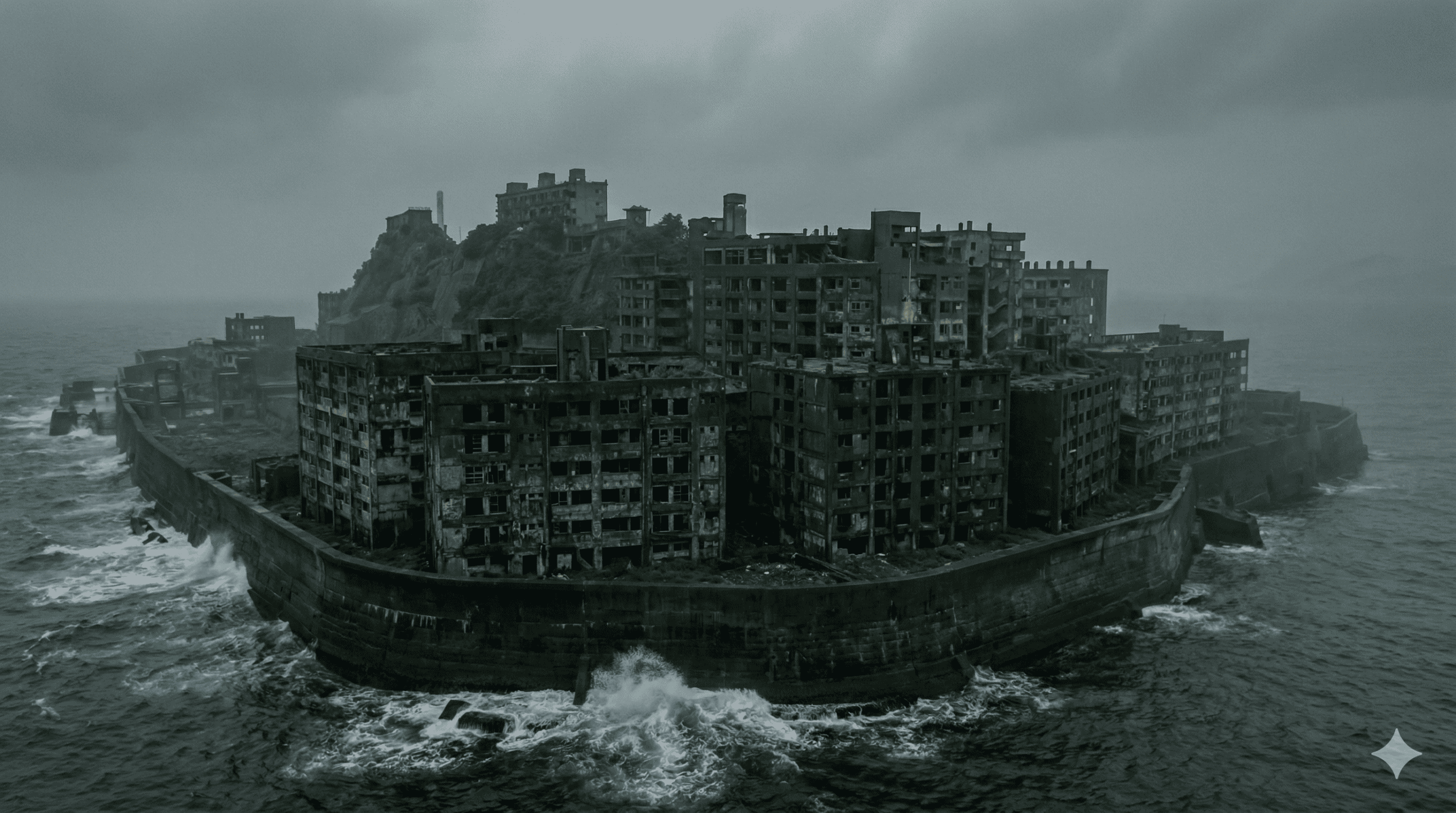 Eine verlassene, betonierte Geisterinsel Gunkanjima mit verfallenen Gebäuden erhebt sich aus den rauen Meereswellen unter einem wolkenverhangenen, grauen Himmel, der die gespenstische Einsamkeit von Hashima widerspiegelt. | alien-fakten.de
