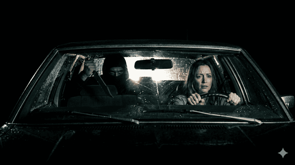Eine Frau fährt nachts im Regen in einem Auto und sieht verzweifelt aus, während Der Mann, maskiert und schwarz gekleidet, auf dem Beifahrersitz sitzt und eine Waffe hält. Die angespannte Szene wird von Scheinwerfern von hinten beleuchtet. | alien-fakten.de