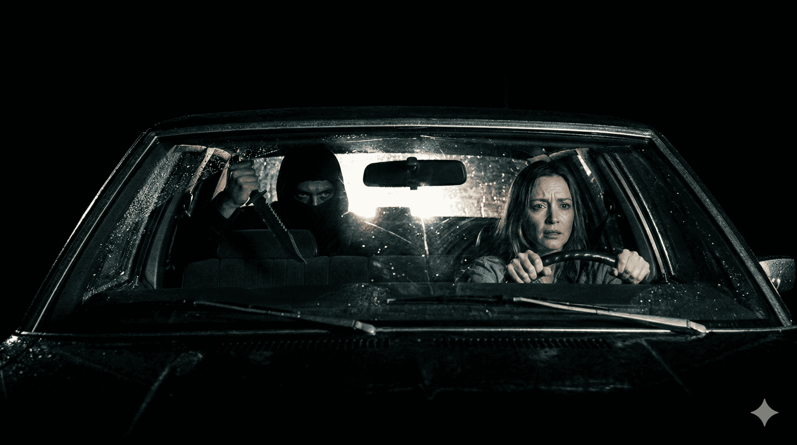 Eine Frau fährt nachts im Regen in einem Auto und sieht verzweifelt aus, während Der Mann, maskiert und schwarz gekleidet, auf dem Beifahrersitz sitzt und eine Waffe hält. Die angespannte Szene wird von Scheinwerfern von hinten beleuchtet. | alien-fakten.de