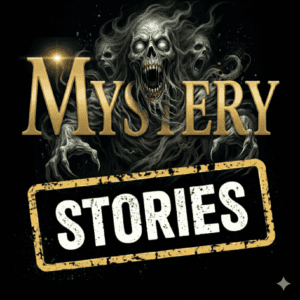 Ein geisterhaftes Skelett mit glühenden Augen und offenem Mund erscheint hinter einer großen goldenen Schrift mit der Aufschrift MYSTERY; darunter steht auf schwarzem Hintergrund ein weiß gestempeltes Etikett mit der Aufschrift STORIES - eine Anspielung auf Prä-Astronautik und unerklärliche Alien-Fakten. | alien-fakten.de