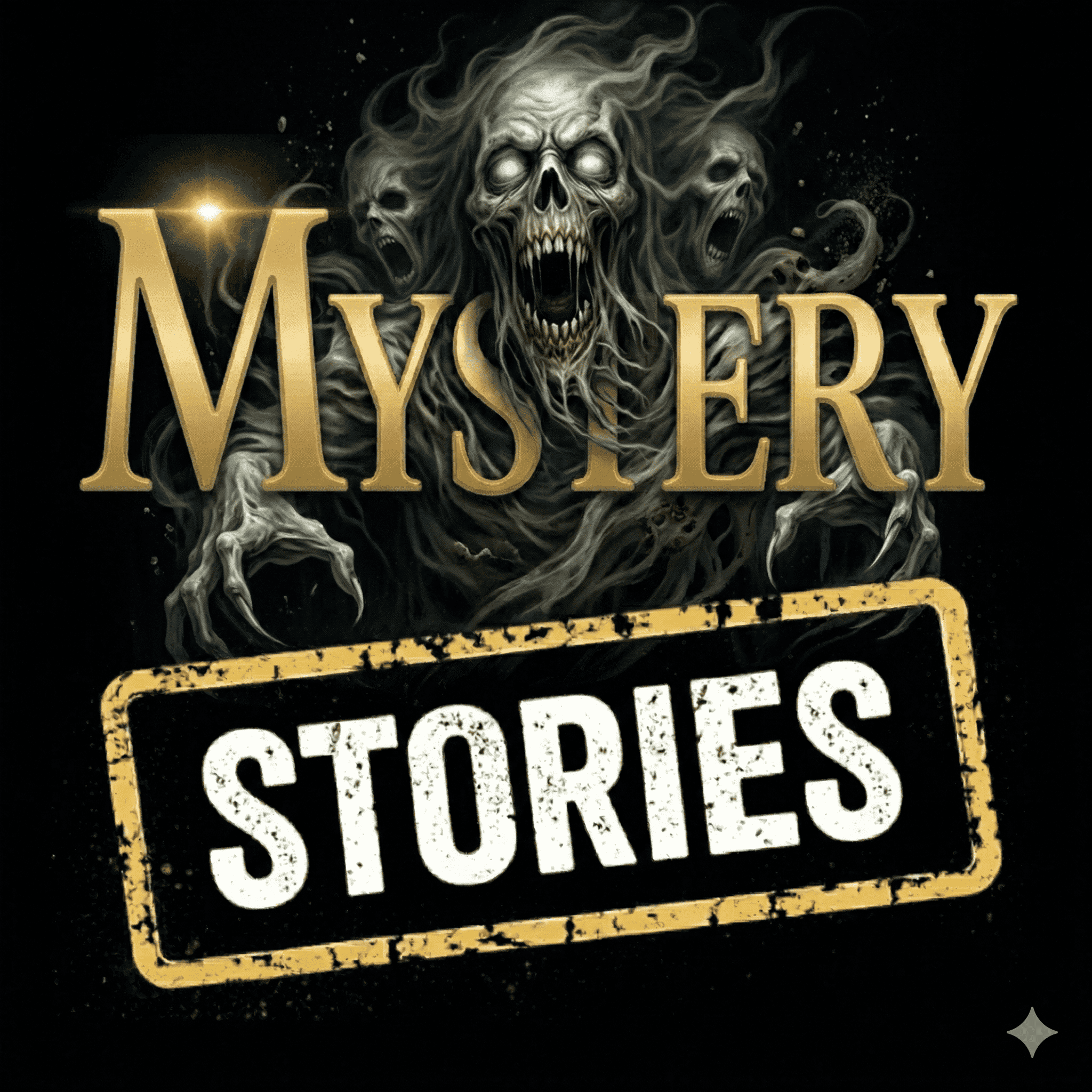 Ein geisterhaftes Skelett mit glühenden Augen und offenem Mund erscheint hinter einer großen goldenen Schrift mit der Aufschrift MYSTERY; darunter steht auf schwarzem Hintergrund ein weiß gestempeltes Etikett mit der Aufschrift STORIES - eine Anspielung auf Prä-Astronautik und unerklärliche Alien-Fakten. | alien-fakten.de