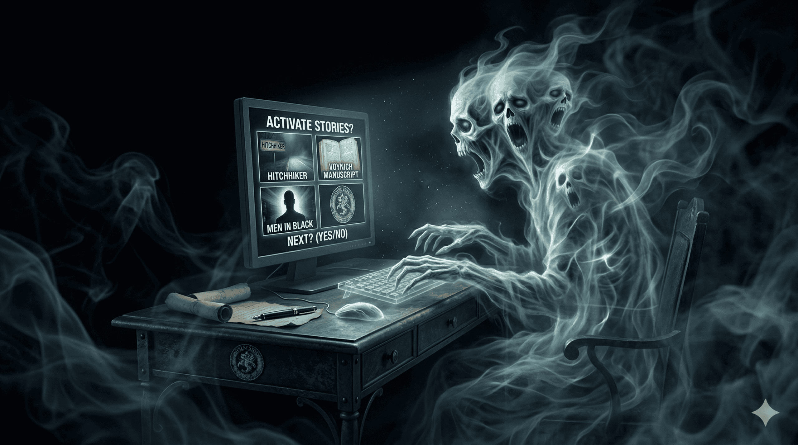 Eine geisterhafte, mehrköpfige Gestalt aus Nebel sitzt an einem alten Schreibtisch und tippt auf einem Computer. Auf dem Bildschirm erscheinen Story-Optionen wie Anhalter, Das Manuskript der Könige und Men in Black. In der Nähe liegen Schriftrollen und ein Federkiel. | alien-fakten.de