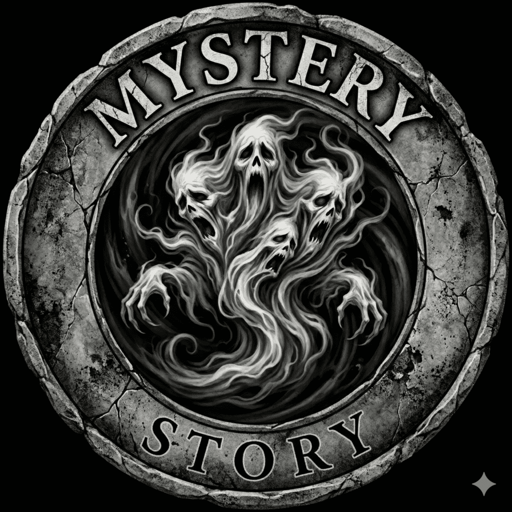 Ein steinernes Medaillon mit der Aufschrift "Mystery Story" umgibt eine wirbelnde Masse aus geisterhaften, schreienden Gesichtern und krallenbewehrten Händen, die in der Mitte aus dunklem Nebel auftauchen. Die Gesamtstimmung ist unheimlich und übernatürlich. | alien-fakten.de