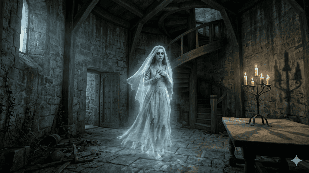 Eine durchscheinende Weisse Frau der Hohenzollern. in einem zerschlissenen weißen Kleid schwebt in einem schummrigen, steingemauerten Raum der Hohenzollern, in dem eine Wendeltreppe, ein Holztisch und beleuchtete Kandelaber eine gespenstische, unheimliche Atmosphäre schaffen. | alien-fakten.de