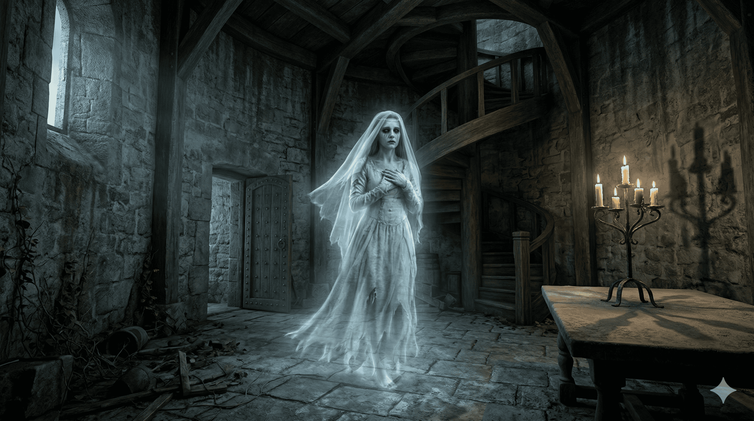 Eine durchscheinende Weisse Frau der Hohenzollern. in einem zerschlissenen weißen Kleid schwebt in einem schummrigen, steingemauerten Raum der Hohenzollern, in dem eine Wendeltreppe, ein Holztisch und beleuchtete Kandelaber eine gespenstische, unheimliche Atmosphäre schaffen. | alien-fakten.de